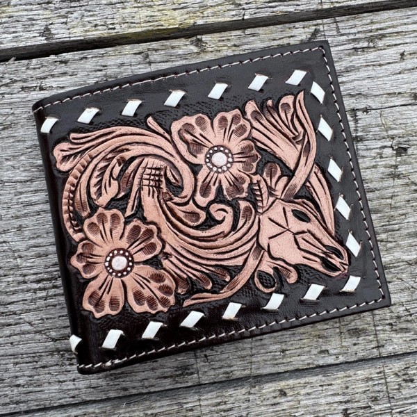 Men’S Western Bi-Fold Wallet Tooled Floral Cow S...